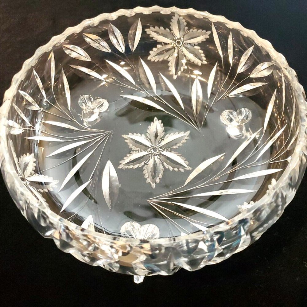 Vintage American Brilliant 3 Footed Candy Bowl Clear Crystal Hand Cut Glass